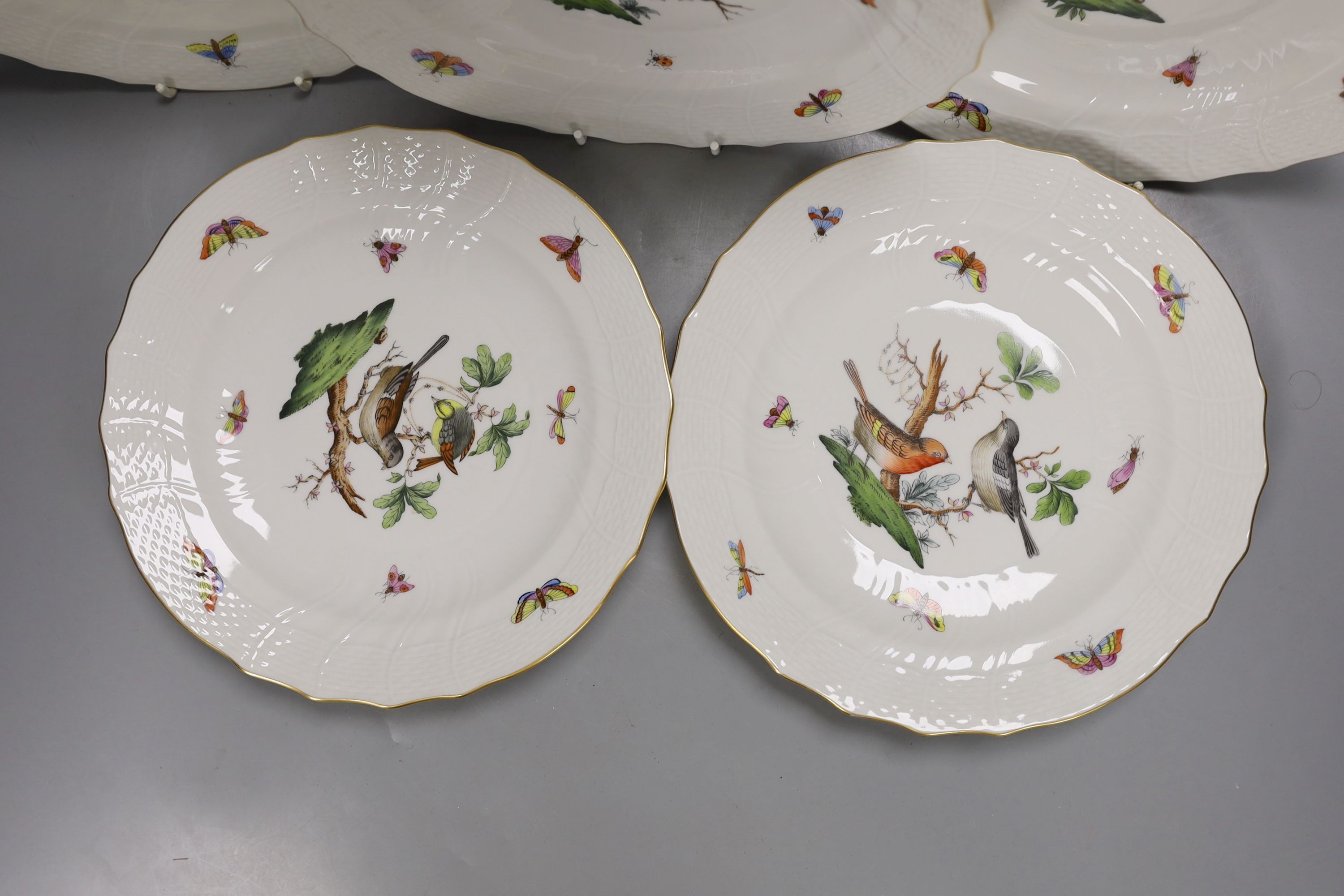 Eight Herend Rothschild bird hand painted dessert plates, 23 cms diameter.